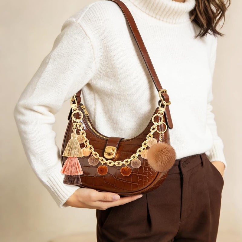 TUCEWP Boho Purse Chain Strap 13.7 Inch Chunky Metal Bag Handle Shoulder Strap Replacement with Pom Pom Pendant Fringe Keychain Charms Vintage Handbag Decoration Chain Bag Accessories Charms for Women - Image 5